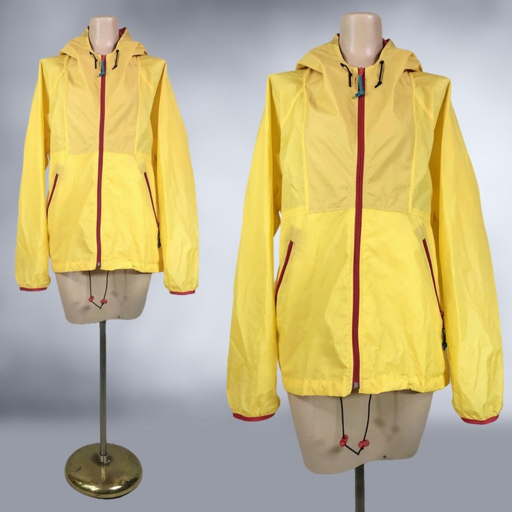 VINTAGE 90s Yellow Hooded Windbreaker Rain Jacket with Storage Pouch by Sierra - Picture 2 of 10